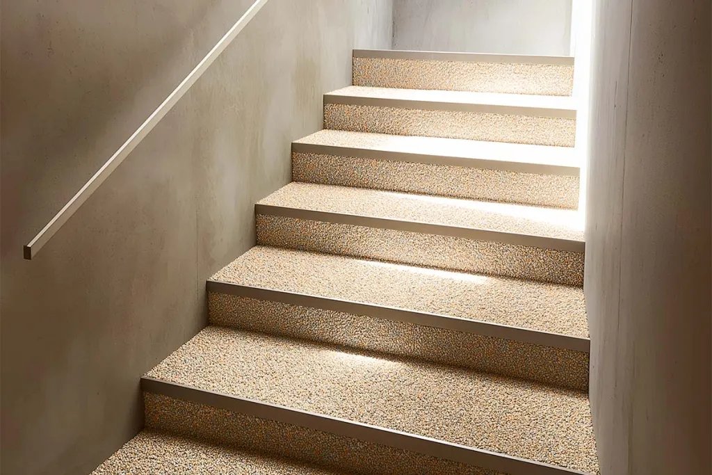 Steinteppich Innentreppe in hellem Beige